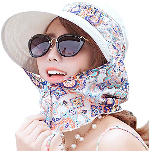 Femme Casquette Visière Large Bord Chapeau de Soleil Plage Voyage Eté Capeline de Camping Pêche Vélo Jardinage Pliable Protection Solaire Complète avec Foulard Protège-nuque Détachable UPF 50+ Anti-UV
