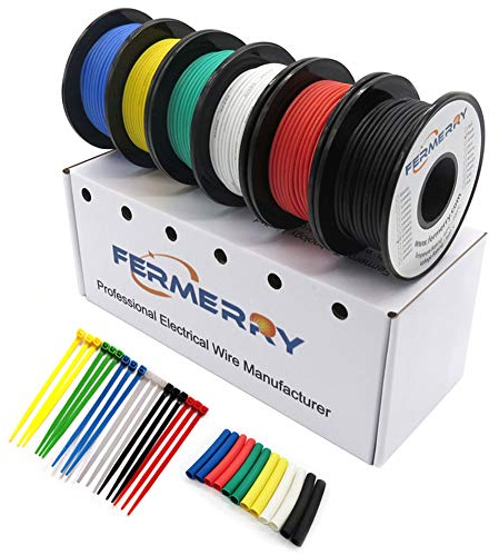 Fermerry Fil toronné 28 AWG bobine de fil de cuivre étamé au silicium 0,18 mm² 25 pieds chacun 6 couleurs Kit de câble électrique de branchement flexible de calibre 28 (6 couleurs 25 pieds chacun)