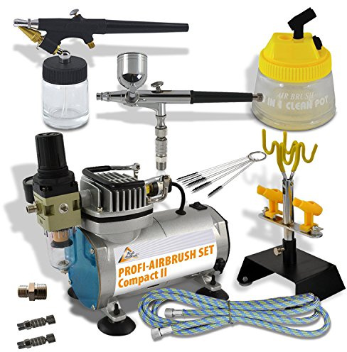 AMUR Juego de aerógrafo con compresor de aerógrafo Compact II - Pistola de aerógrafo - Cepillos de limpieza - Kit de aerógrafo ideal para principiantes y tecnología avanzada de aerógrafo