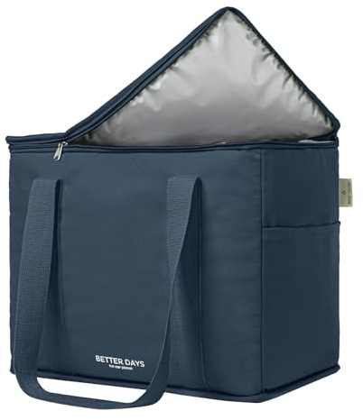Nook Theory Reusable Insulated Grocery Bag - Leak Proof, X Large Cooler Bag - Insulated Shopping Bags for Groceries - Travel Cooler Bag for Frozen and Hot Food with Zippered Top (Deep Blue)