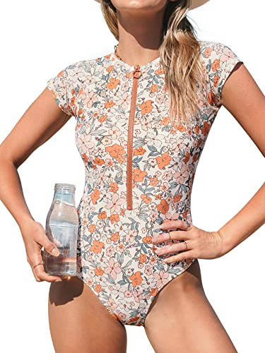 CUPSHE Traje de baño de una pieza para mujer, cuello alto, cremallera y manga corta, Anaranjado floral , XS