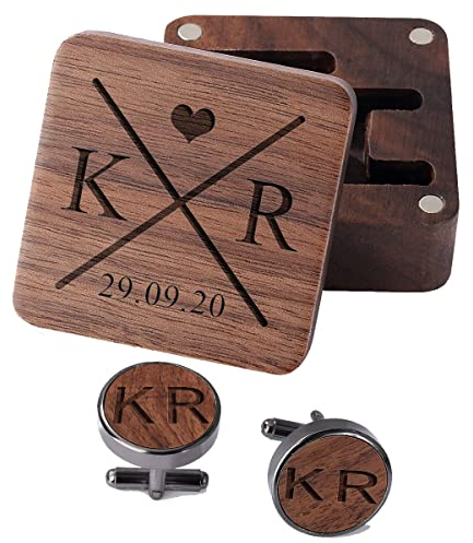 Personalisierte Manschettenknöpfe für Männer, Hochzeit Manschettenknöpfe für Trauzeuge, Bräutigam, Vater der Braut, Manschettenknöpfe aus Holz für Papa Ehemann mit Box, Gravieren von Name Datum Text