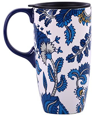 Topadorn Ceramic Mug with Lid and Handle,17oz. Tall Coffee Cup for Home,Party and Birthday, Blue Flower