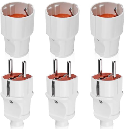 3 Paar Schuko Stecker Kupplung, Schukostecker und Schukokupplung, Schutzkontaktstecker PVC Schuko Stecker + Kupplung Weiß Set 2-polig, 250V kann für 0.5-2.5cm² Kabel, IP20, 250V, 16A Außenbereich