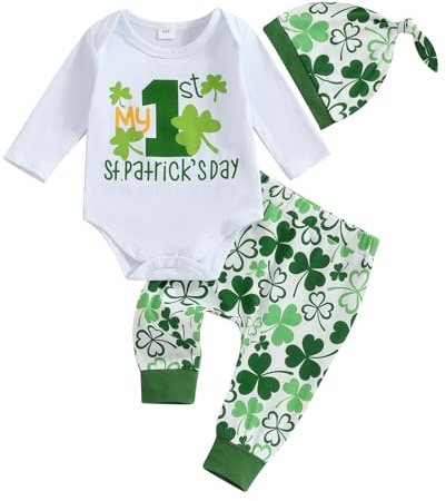 Loalirando Toddler My First St.Patricks Day Baby Boy Gentleman Outfit Green Bow Tie Long Sleeve Romper Lucky Shamrock Pant Clothes Set 3Pcs (White 3, 0-3 Months)