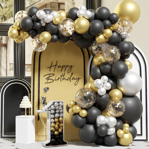 Kit Arco Palloncini Oro Nero, 93pezzi Ghirlanda Arco Palloncini Nero Oro Argento, Arco Palloncini Oro Nero per Decorazione Festa di Compleanno,Matrimonio,Laurea,Pensionamento,Capodanno,Mubarak Ramadan