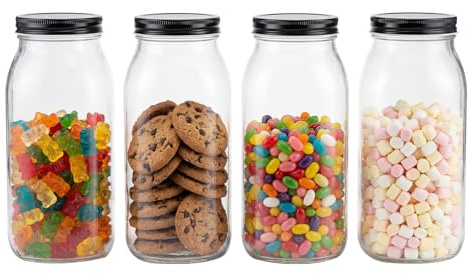 novelinks 64 oz Large Plastic Mason Jars with Airtight Lids, 4 Pack Big Jars Wide Mouth and Plastic Storage Containers for Pantry, Pickle, Sauce, Sugar (4 Pack,Black)