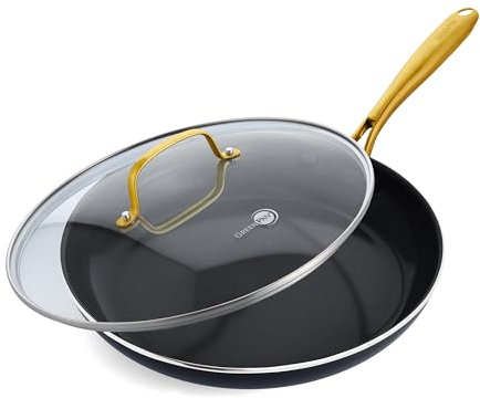 GreenPan Swift Cookware Bratpfanne mit Glasdeckel, 30,5 cm, gesunde Keramik-Antihaftbeschichtung, schweres Aluminium, goldfarbener Edelstahlgriff, PFAS-frei, spülmaschinen- und ofenfest, Schwarz