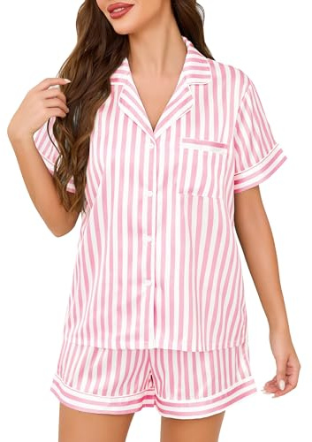 Lovasy Pigiama Donna Estivo in Raso con Bottoni Davanti Corto Seta Spalline Bianco Nero Blu Pigiami Donna Seta Corto Set,B-Rosa/Righe,L
