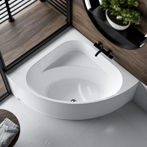ECOLAM® Badewanne Eckbadewanne DINA 140 x 140 cm + Acrylschürze Verkleidung | Eckbadewanne Acrylwanne symmetrisch Acryl weiß Ablaufgarnitur Füße Silikon
