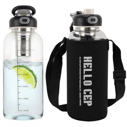 ZEMBSOYA Bouteille d'eau en verre avec paille, gobelet avec manchon, large ouverture, anti-fuite, résistante à la chaleur, bouteille de thé de voyage, 1,5 l