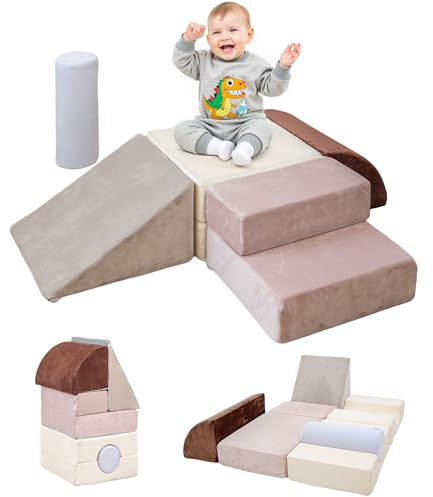 BanaSuper 5 Bloques de Espuma para Escalada, Gimnasio Interior para Bebés, Carrera De Obstáculos De Interior, Convertible y Tapete de Juego, Desarrollo Psicomotor para Casa y Guardería, Azul