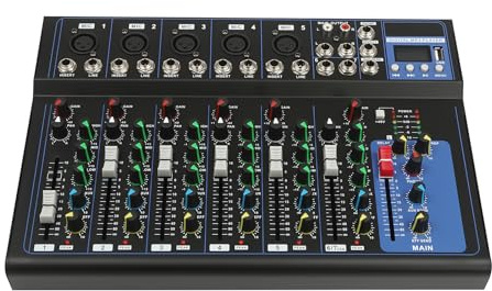 HarBin-Star - DJ Mixer, 7-Channel Audio Mixer, Bluetooth Stereo Mixer, Live Sound Card & Audio Interface with LCD Display, for Studio Recording