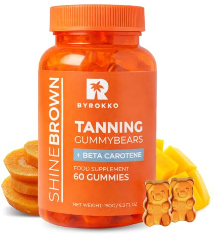 BYROKKO Shine Brown Beta-Carotin Tanning Gummies – Vegane Bräunungsgummis für natürliche Bräune – Nahrungsergänzung mit Vitamin A und C – Fruchtiger Geschmack – 1 Monat Vorrat