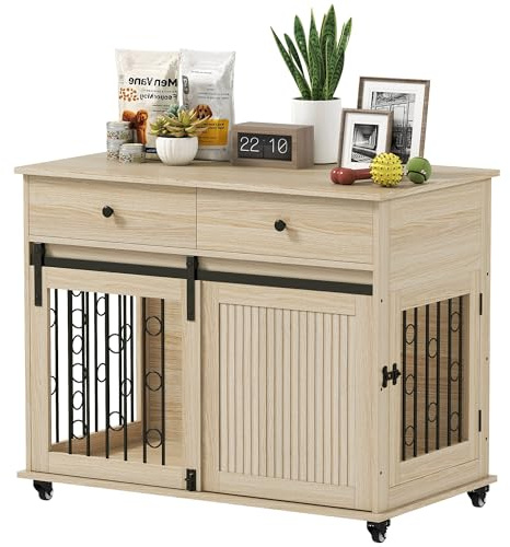 PawHut Dog Crate Furniture, Dog Cage w/Wheels, 2 Drawers, Sliding Door, Oak