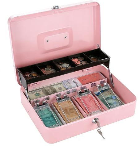 Pink Metal Cash Box with Key Lock, 30 x 24 x 9cm Portable Cash Box, Petty Cash Tin Large Money Box Pink Note and Coin Safe Box Secure Locking Money Tin Comes with Coin Tray & Spring Loaded Clips