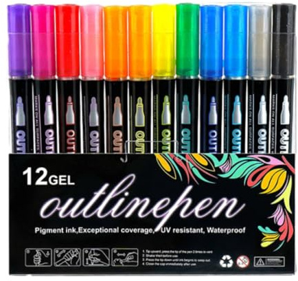 MSRXUP Double Line Outline Art Pen Marker Pen, Water Soluble Pastels, 8/12/24/36/48 Colors Double Line Outline Art Pen Marker Pen, Metallic Colored Outline Marker Graffiti (12 colors)
