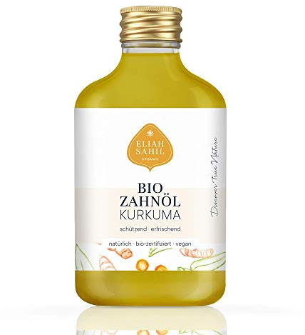 ELIAH SAHIL Bio Zahn & Mundziehöl Kurkuma 100ml | Stärkt Zahnfleisch & fördert frischen Atem | 100% Naturkosmetik, Bio-zertifiziert | Mit Kurkuma, Xylit & Drachenblutpulver | Vegan & plastikfrei