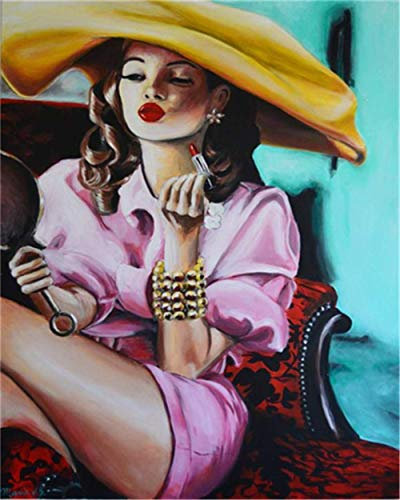 YEESAM ART DIY Ölgemälde Malen nach Zahlen Erwachsene Kinder, Mode Mädchen Make-up Lippenstift Zahlenmalerei ab 5 Öl Wandkunst (Mädchen, ohne Rahmen)