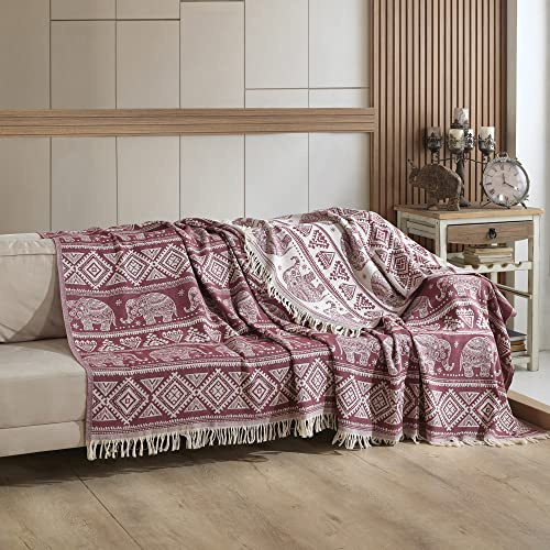 Milam London Bed Throw King Size | Cotton Blanket Throws for Sofas Large | King Size Bedspread | Boho Home Decor | 220 x 240 cm | Burgundy