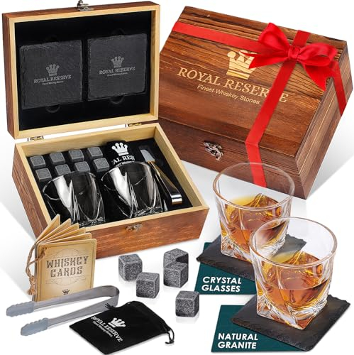 Whisky Geschenkset – Whiskey Gläser, Steine, Eiszange, Untersetzer, Holztruhe, Samtbeutel, Geschichts- und Rezeptkarten – Zubehör Set, Geschenk für Männer, Ehemann von Royal Reserve