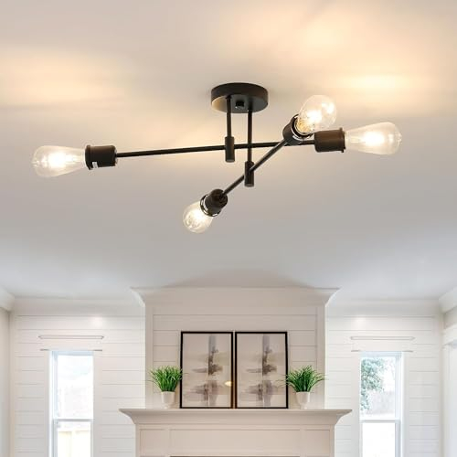 Comely Lampadario Industriale Nero, 4 Luci Plafoniera E27 Vintage, Lampadario da Soffitto Retro Regolabile di 180° per Soggiorno Camera da Letto Cucina Sala da Pranzo