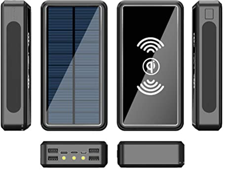 KKPLZZ Banco de energía Solar 100000Mah, Cargador Solar de Alta Capacidad con 4 Puertos USB, Cargador inalámbrico portátil a Prueba de Agua, batería Externa con luz LED para Acampar al Aire Libre