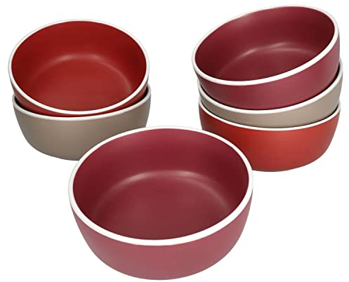 Van Well Liz 6er Set Bowl-Schale I 550 ml I 6 Personen I 6x Steingut-Schalen in Sand, Terracotta & Dunkelrot mit weißem Rand I Schüssel für Salat, Müsli, Dessert, Obst, Fingerfood, Snacks & Co.