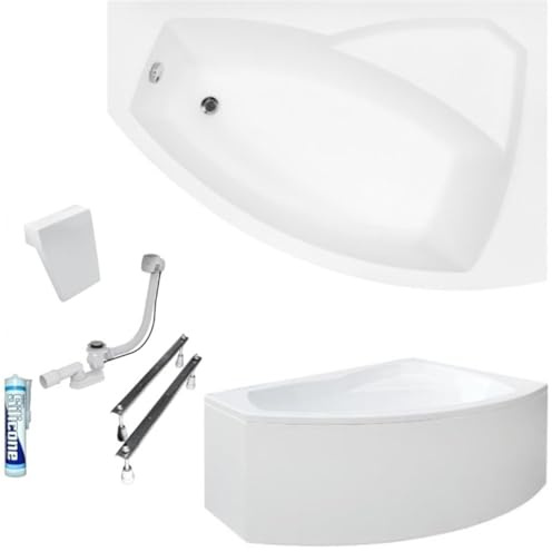 ECOLAM Baignoire d'angle Rima 150x95 cm | version droite | tablier acrylique | appuie-tête | pieds siphon + silicone | Set complet