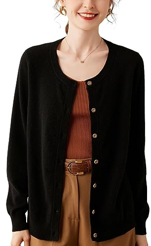 DISSA Gilet Cachemire Femme Col Rond Noir Boutonné Tricoté Mince Manches Longues Fin Cardigan en Cachemire et Laine,38,DF8029