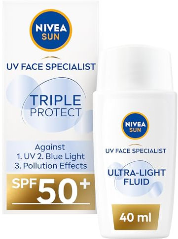NIVEA SUN Triple Protect Light Sun Fluid SPF50+ (40ml), Face Sun Cream SPF50 with Hyaluron, Protects Against UV, Blue Light and Pollution, Daily Face Sunscreen