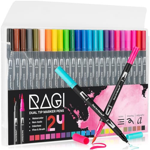 RAGI Pinselstifte Set 24 Aquarell Filzstifte für Erwachsene Twin Tip Brush Pen und Fineliner Farben Marker Kalligraphie Handlettering Stifte