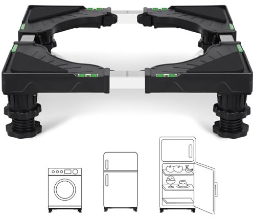Humagineer Support Machine à Laver avec 4 pieds rembourrés verrouillables, Réglable Largeur 40-62cm et Hauteur 10-12.5cm, Socle Lave Linge Charge 200KG, Bases de Réfrigérateur et Sèche-Linge, Noir