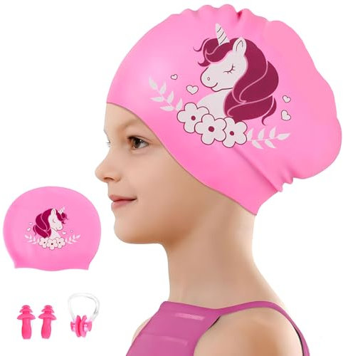 BETESSIN Badekappe Kinder - Einhorn Badekappe Mädchen Lange Haare - Badehaube aus Silikon - Schwimmhaube Wasserdicht - Schwimmkappe für Kinder 6-12 Jahre - inkl. Nasenklammer und Ohrstöpseln