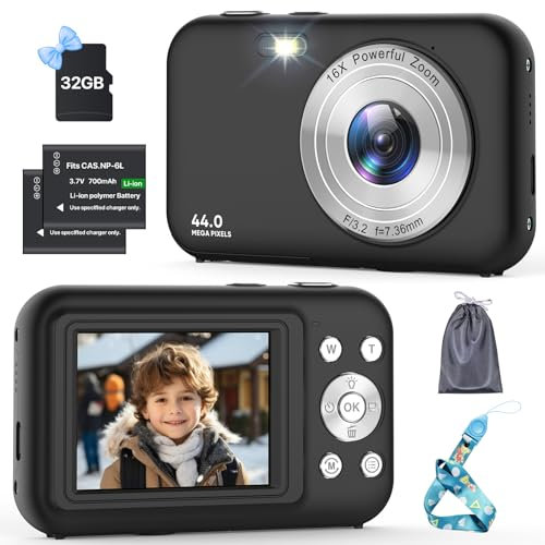Appareil Photo Numérique 1080P 44MP avec Carte 32Go, 16X Zoom Digital, 2 Batteries Rechargeables - Pour Enfant, Adolescent, Adulte, Débutant (Noir)