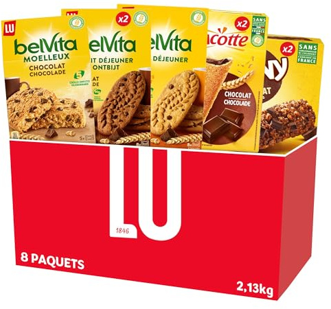 LU - La Moyenne Boîte Petit Déjeuner - Belvita Miel Pépites Chocolat (x1) Belvita Chocolat (x2) Belvita Moelleux Chocolat (x1) Barre Grany Chocolat (x2) Cracotte Fourrée Chocolat (x2) - Lot de 2,13kg