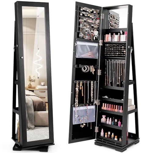 COSTWAY Schmuckschrank, Spiegelschrank mit Ganzkörperspiegel und eingebautem Make-up-Spiegel, 360° drehbar, abschließbar, stehend, Schmuckaufbewahrung, Schmuck-Organizer mit Schlüsseln (Schwarz)