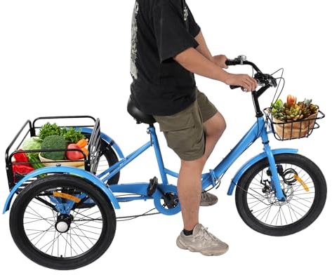 Begoniape Tricycle de 20 , 7 vitesses, pliable, 3 roues, pour adultes et personnes âgées, tricycle réglable avec panier à provisions, capacité de charge de 130 kg (bleu)