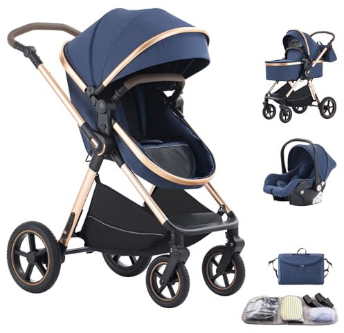 Shineey Kinderwagen 3 in 1,Puppenwagen Mit Babyschale Höhenverstellbarer Buggy Komplettset Faltbare tragbare,KombiKinderwagen Mit Aluminiumrahmen für Neugeborene 0 bis 3 Jahre (D2BLUE, H2-D)