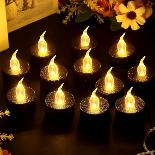 Black Glittering Led Tealight Candles,12-Pack Warm Yellow Battery Flickering Fake Tea Lights Realistic Flameless Tealights for Christmas,Easter,Halloween,Wedding,Party,Festivals ect Decorations