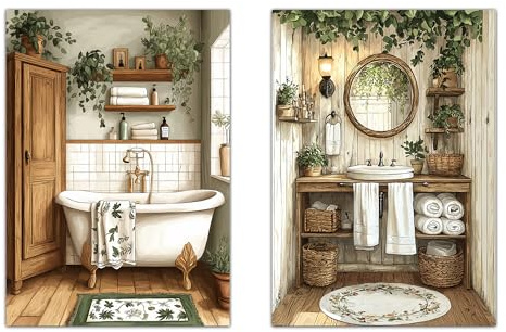 Nacnic Set de 2 Cuadros de Baño Rústicos con Ilustración Impresa en Estilo Pintura al Óleo Vintage para Decorar, Arte de Pared para Casa de Campo Inodoro, Ducha, Baño, WC A3 Marco de Madera Clara