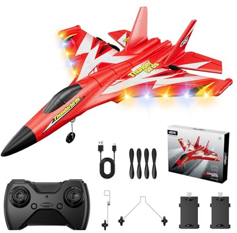 4DRC G6 RC Plane with 2 Take-off Modes, 2 Batteries and Light, 2.4GHz 2 Channel Foam Remote Control Airplane Planes RTF Glider Fighter Jet Toys Gift for Kids 8-12 Beginners Boys Adults, Red