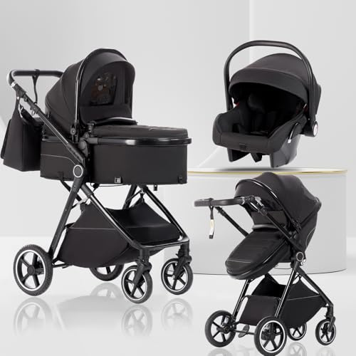 Lnhcrbs Cochecito Bebe 3 Piezas con Capazo, Sistema de Viaje's Capazo es Plegable, Carrito de Bebé Mang es Ajustable, las Ruedas son de Material PU, para Niños desde Nacimiento hasta 3 Años-Negro