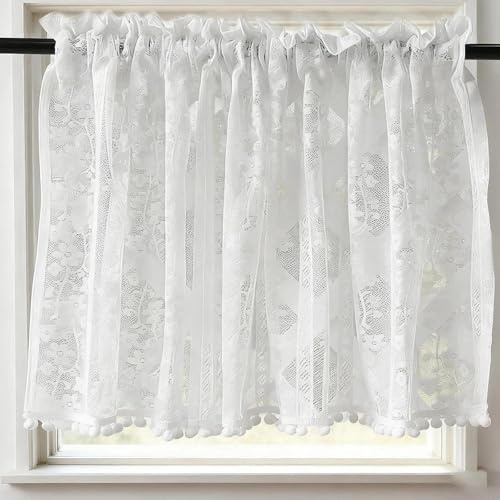HUANR Artesanía del Encaje Visillos Cortos para Ventanas, 100cm X 61cm | Translúcido Cortinas Cocina Ventana, Moda Cortinas Blancas, Se Utiliza Cocinas, Dormitorios y Cafés
