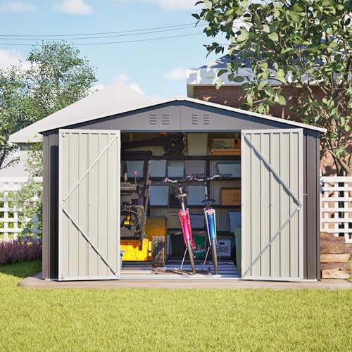 XXXL Metall Geräteschuppen mit Satteldach 300×252×191 cm – Wetterfestes Gartenhaus aus Stahl, Großer Werkzeugschuppen für Gartengeräte, Fahrräder & Aufbewahrung (Grey, 300 * 252 * 191cm)
