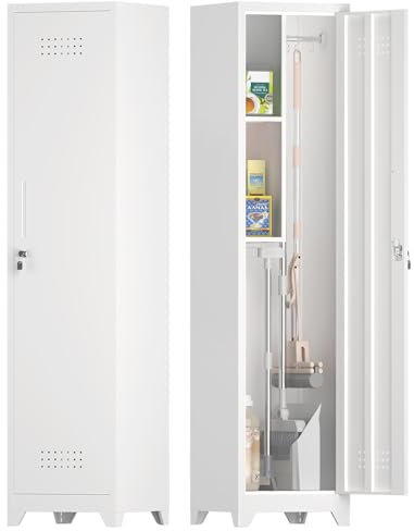 IRONFFICE Storage Cabinets with Lock,Slim Broom Closet Storage Cabinet with Doors and Shelves,Tall White Cabinet for Small Spaces,Laundry Room Cabinet for Home Office,Gym