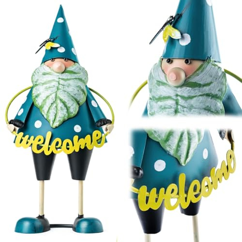 KADAX Figura de enano de jardín de 29 cm con escudo de bienvenida, figura de jardín de acero pulverizado, gnomos de jardín de metal, figura decorativa para exteriores, decoración de jardín