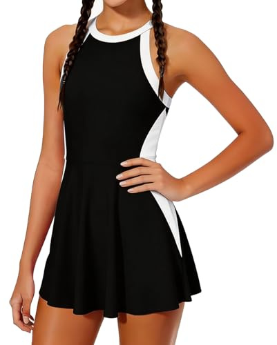 Maillot de Bain Jupette Fille Une Pièce Robe de Bain Enfant Col Rond Bretelles Réglables Maillot Robe avec Short Intégré Sport d'Été Séchage Extensible Plage Piscine Tailles 7-16 Ans
