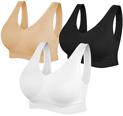 SIMIYA Super Comfort Bra, Womens Sports Bras Removable Pads Plus Size Sleep Bras for Girls in Yoga Bralette Leisure Stretch Crop Tops Vest (M, Black+White+Beige)
