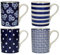 London Pottery JY18LT31 Out of The Blue Tulip Coffee Cups/Tea Mug Set with Assorted Patterned Designs, Stoneware, Navy Blue, 280 ml (4 Pieces)
